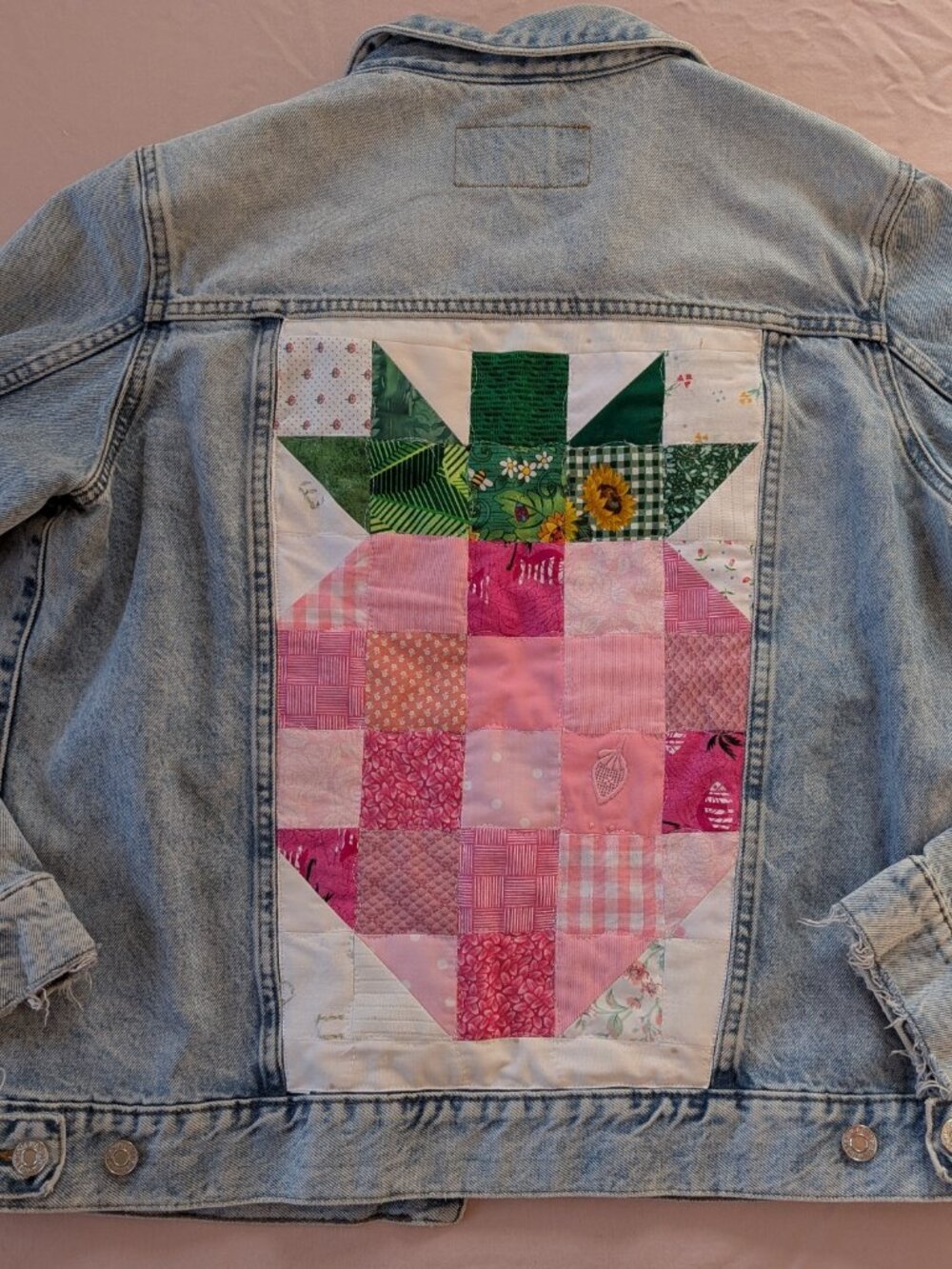 Jean Jacket with Quilted Vintage Strawberry Patch - Picture 2 of 5
